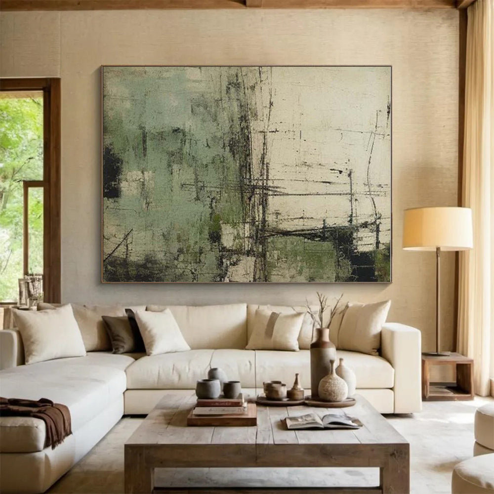Oversized Abstract Wall Art Green Beige Textured Urban Abstract Art PT336