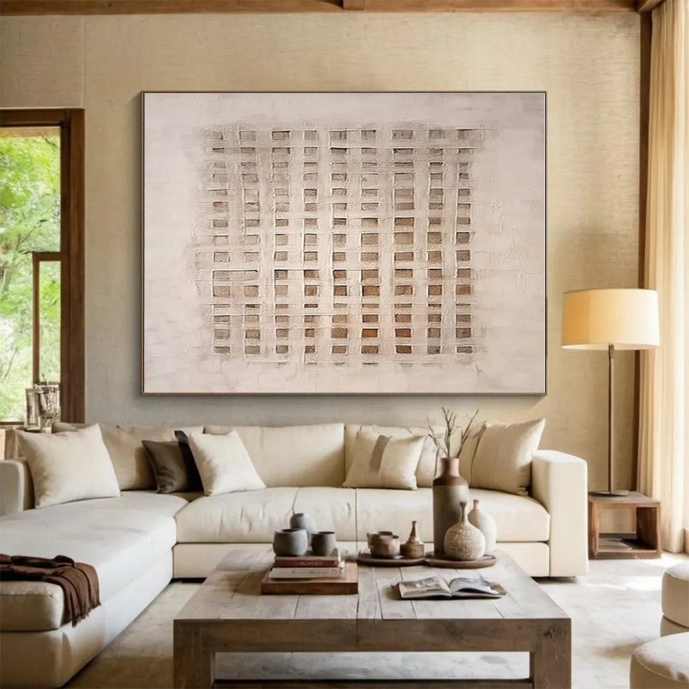 Unique Abstract Art Beige Geometric Grid Abstract On Canvas HPS024