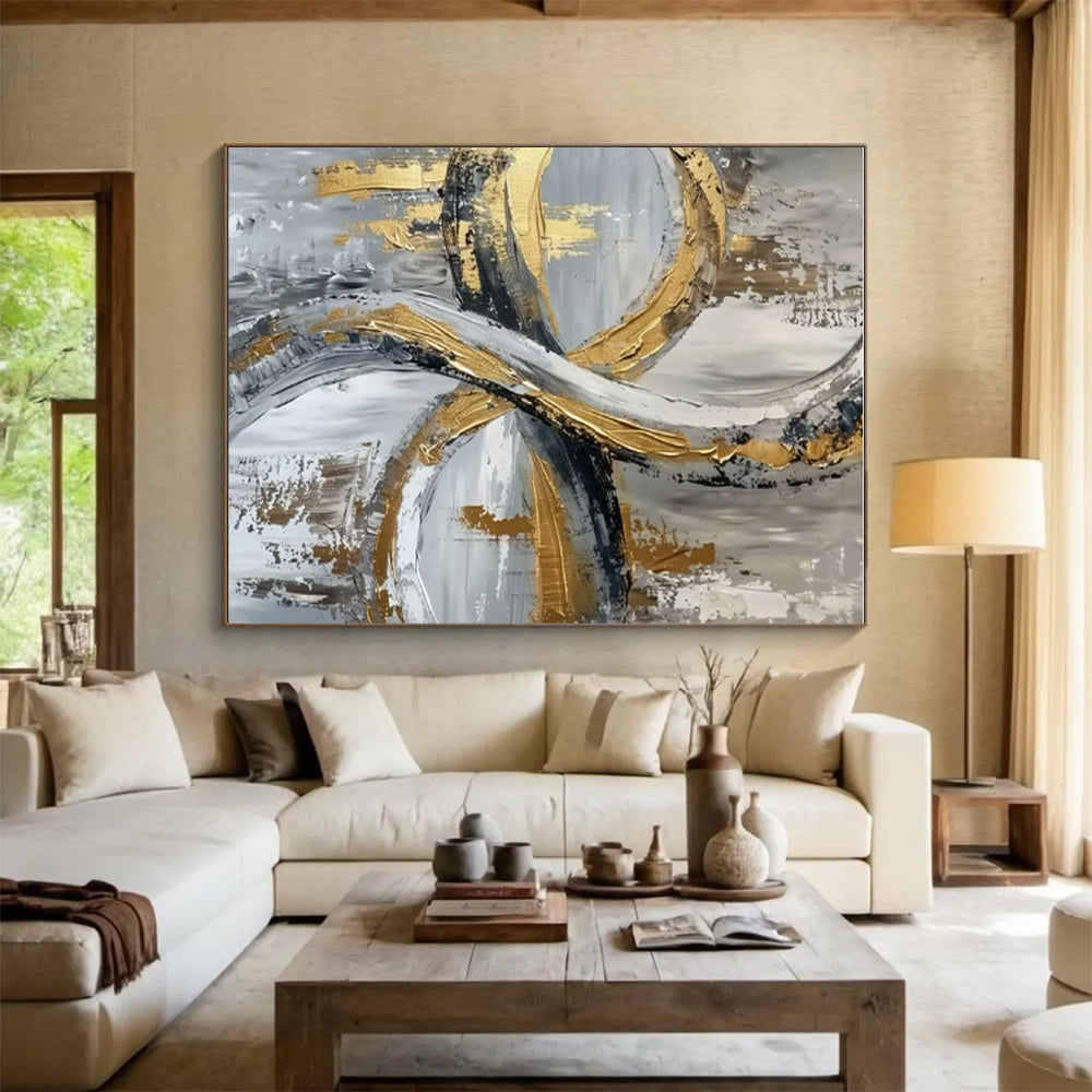 Unique Abstract Art Gold, Gray, and White Circular Abstract Art PT734