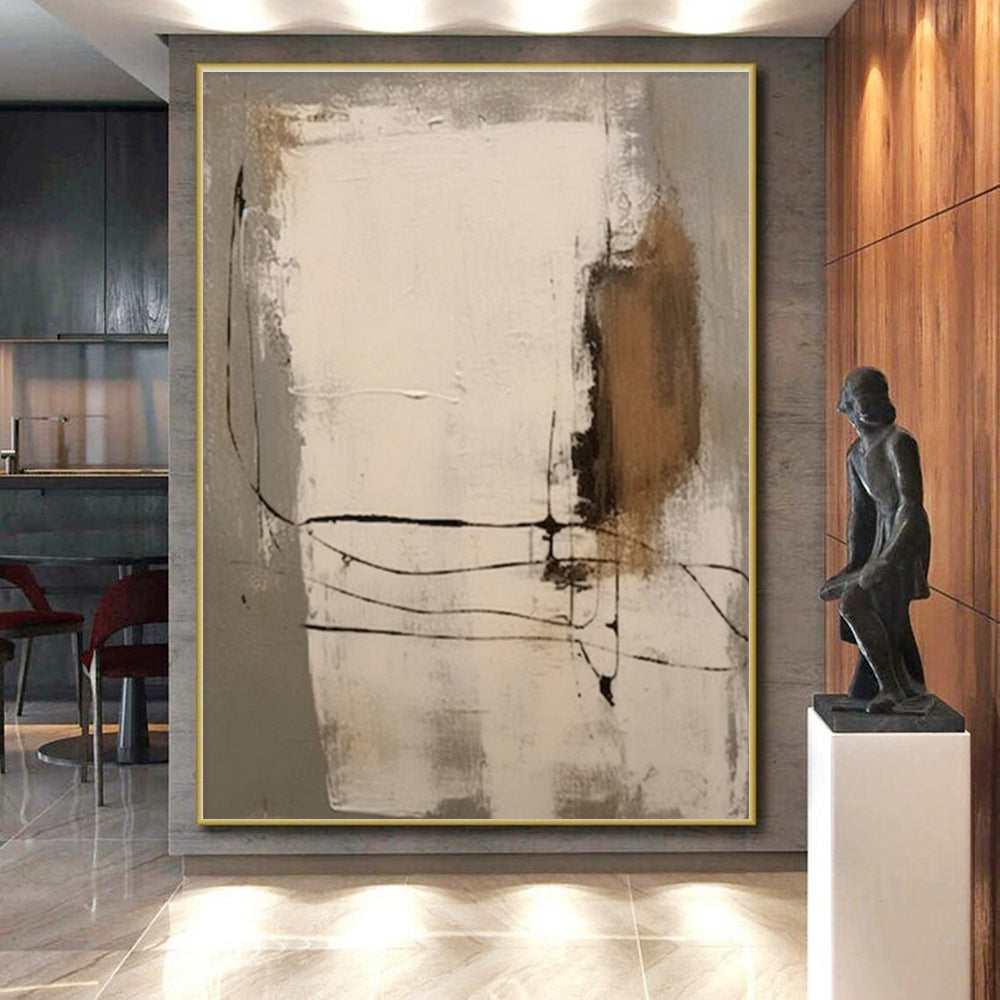 Minimalist Canvas Art Gray Beige Black Line Abstract Artwork PT483