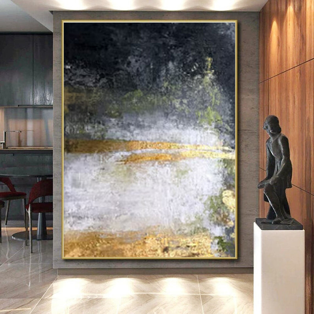 Hand-Painted Black, Gold, and White Textured Abstract Art PT653