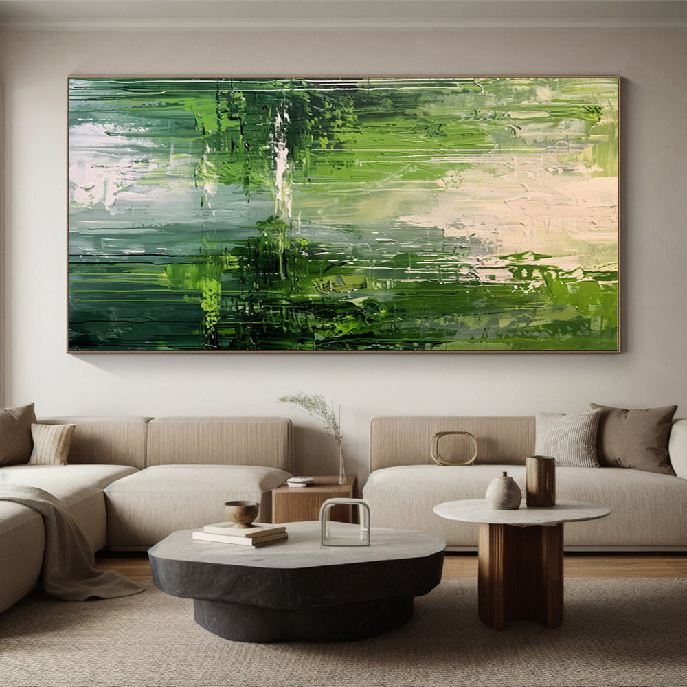Hand-Painted Large Abstract Painting For Living Room With Green, White Textured Landscape-Inspired On Canvas PT200