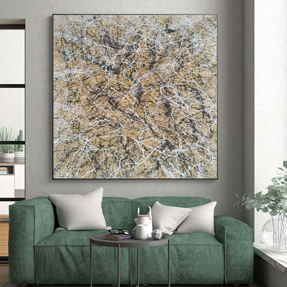 Big Painting Beige and Black Tangled Lines Abstract Art PT617