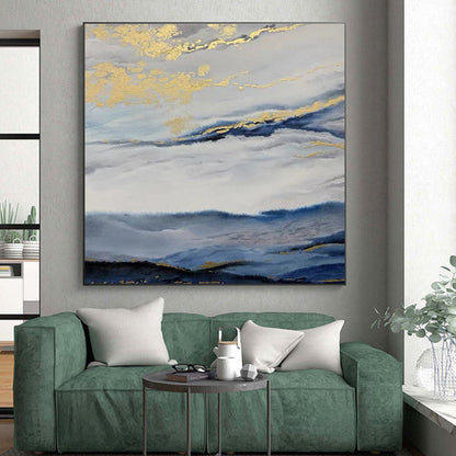 Large Size Blue Gray Gold Abstract Landscape Acrylic Art PT509
