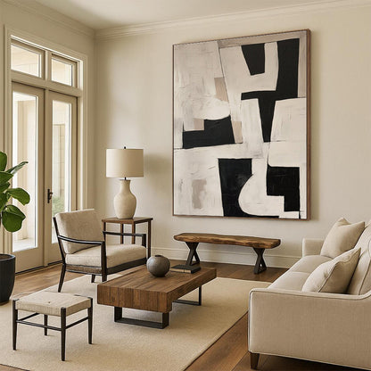 Modern Art Acrylic Black, White, and Beige Geometric Abstract Art PT759