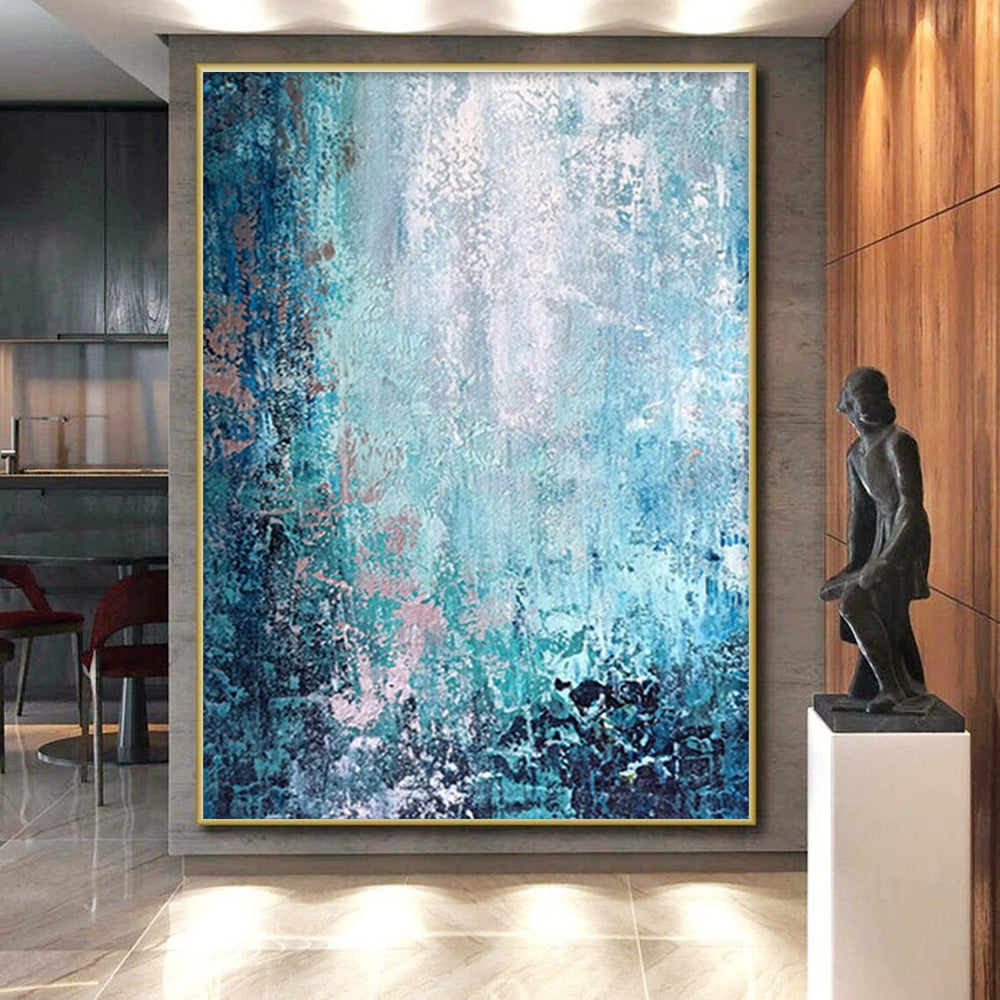 Oversized Abstract Wall Art in Teal, Blue, and Pink, Handmade Art Piece PT295