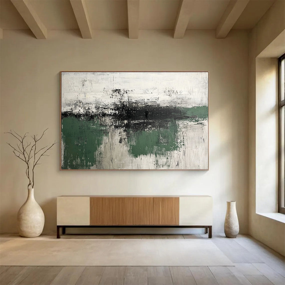 Oversized Abstract Wall Art Green, Gray & White Textured Landscape Abstract Painting HPS283