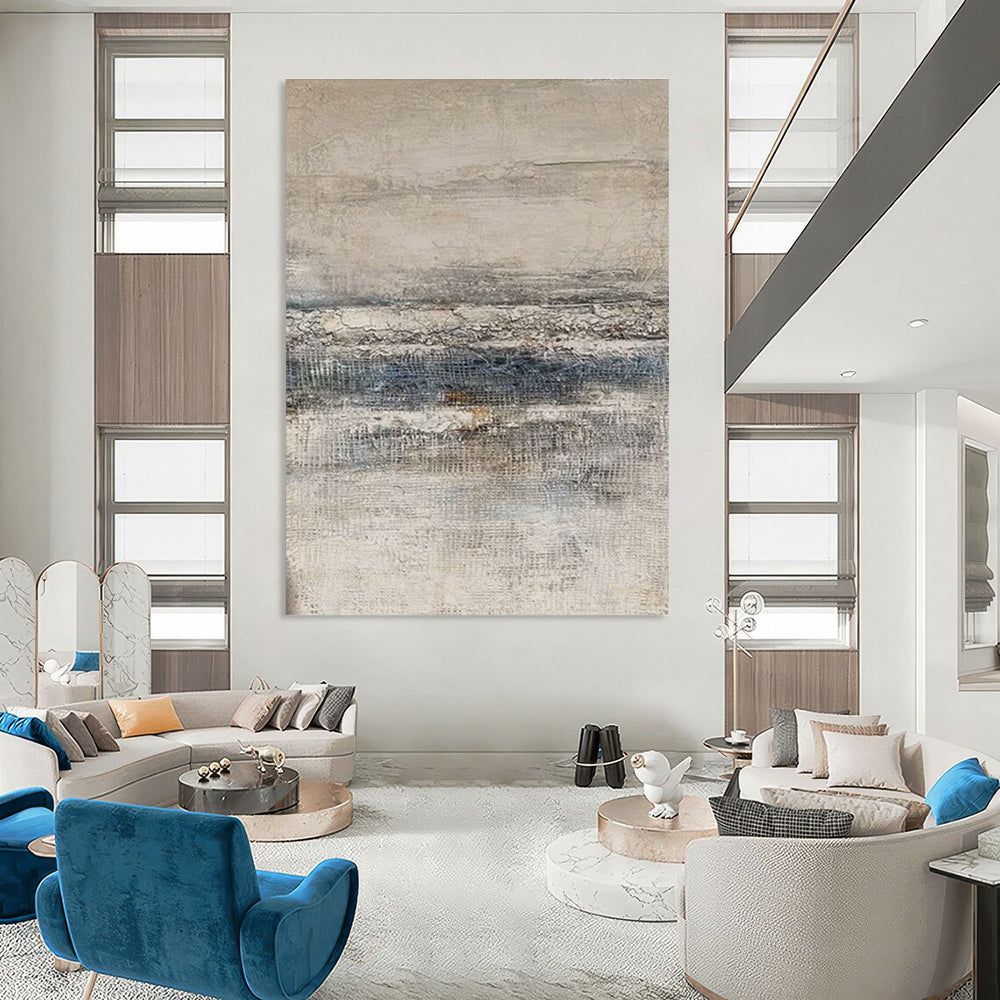 Large Contemporary Wall Art Gray, Beige, and Blue Textured Abstract Landscape Art DPS461