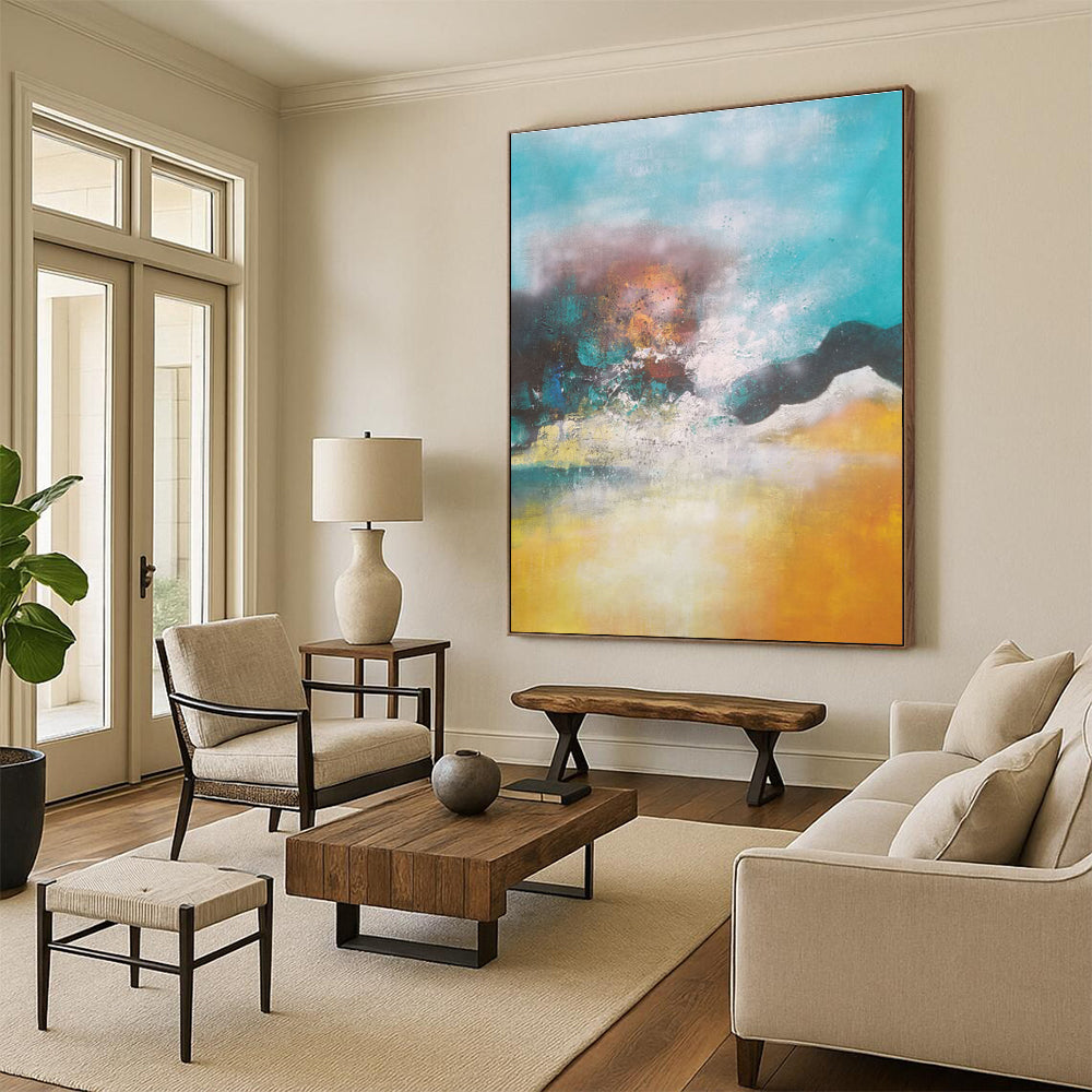 Unique Abstract Art Teal Orange Abstract Landscape Acrylic Art PT457