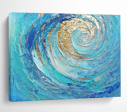 Hand Painted Art Turquoise, Blue & Gold Textured Spiral Abstract Painting HPS257
