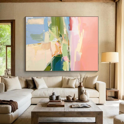 Acrylic Modern Art Paintings - Pastel Pink, Green & Blue Abstract Landscape-Inspired Art PT562
