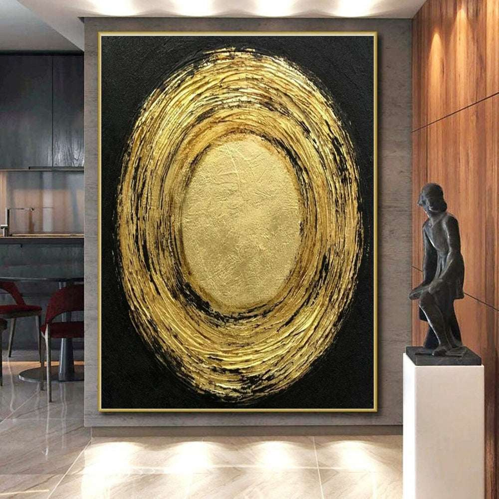 Oversized Abstract Wall Art Gold and Black Textured Circular Abstract Art PT805