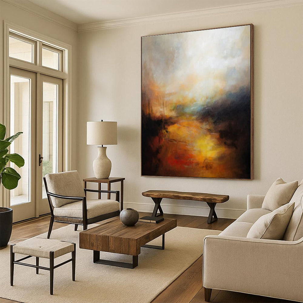 Modern Art Acrylic Orange, Yellow, and Black Textured Landscape Abstract Art PT808