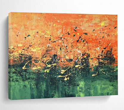 Unique Abstract Art Orange & Green Splatter Abstract On Canvas HPS053