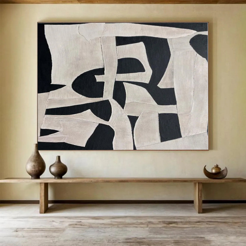 Hand-Painted Black & White Geometric Abstract Art On Canvas HPS031