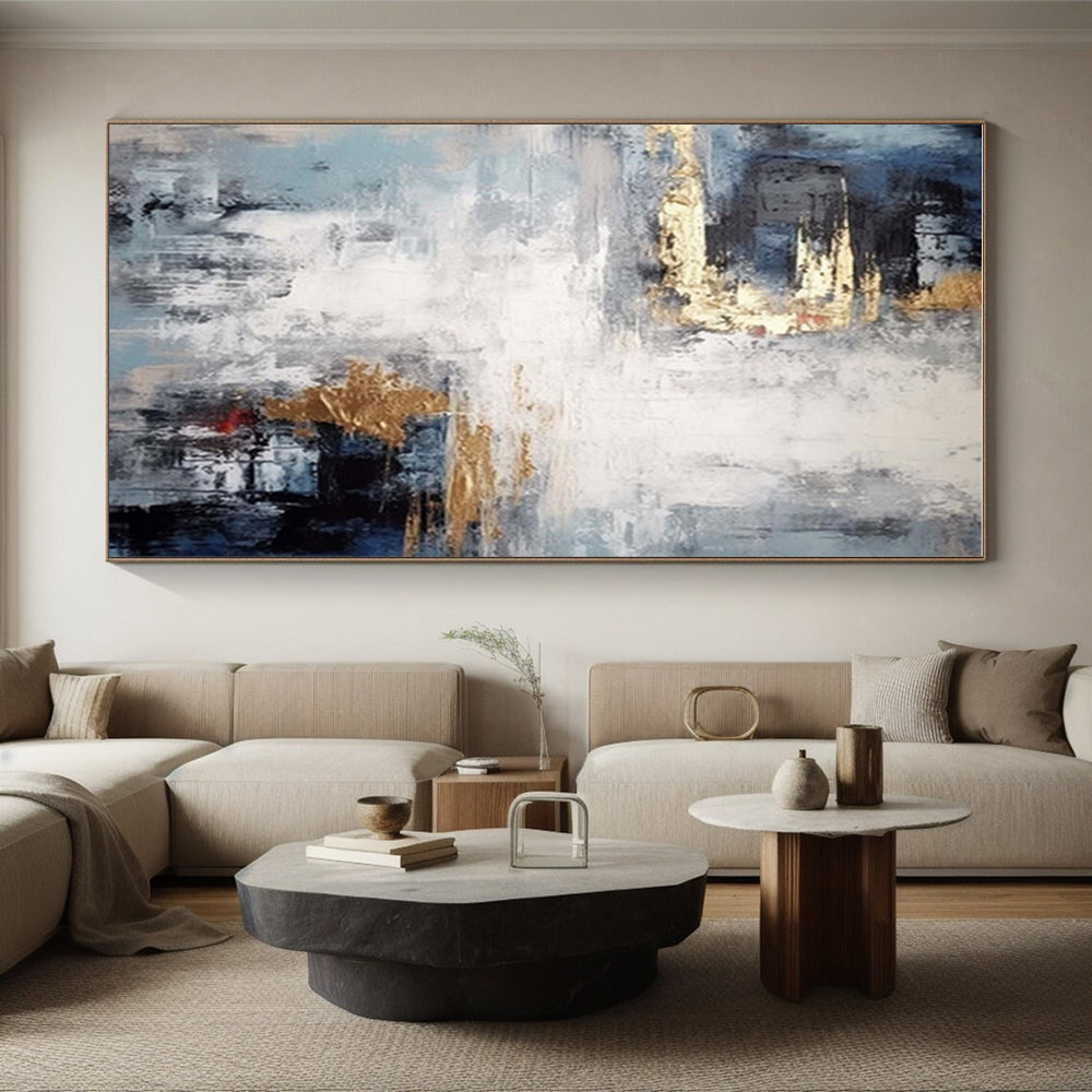 Hand-Painted Blue Gray Gold Textured Abstract Art PT366