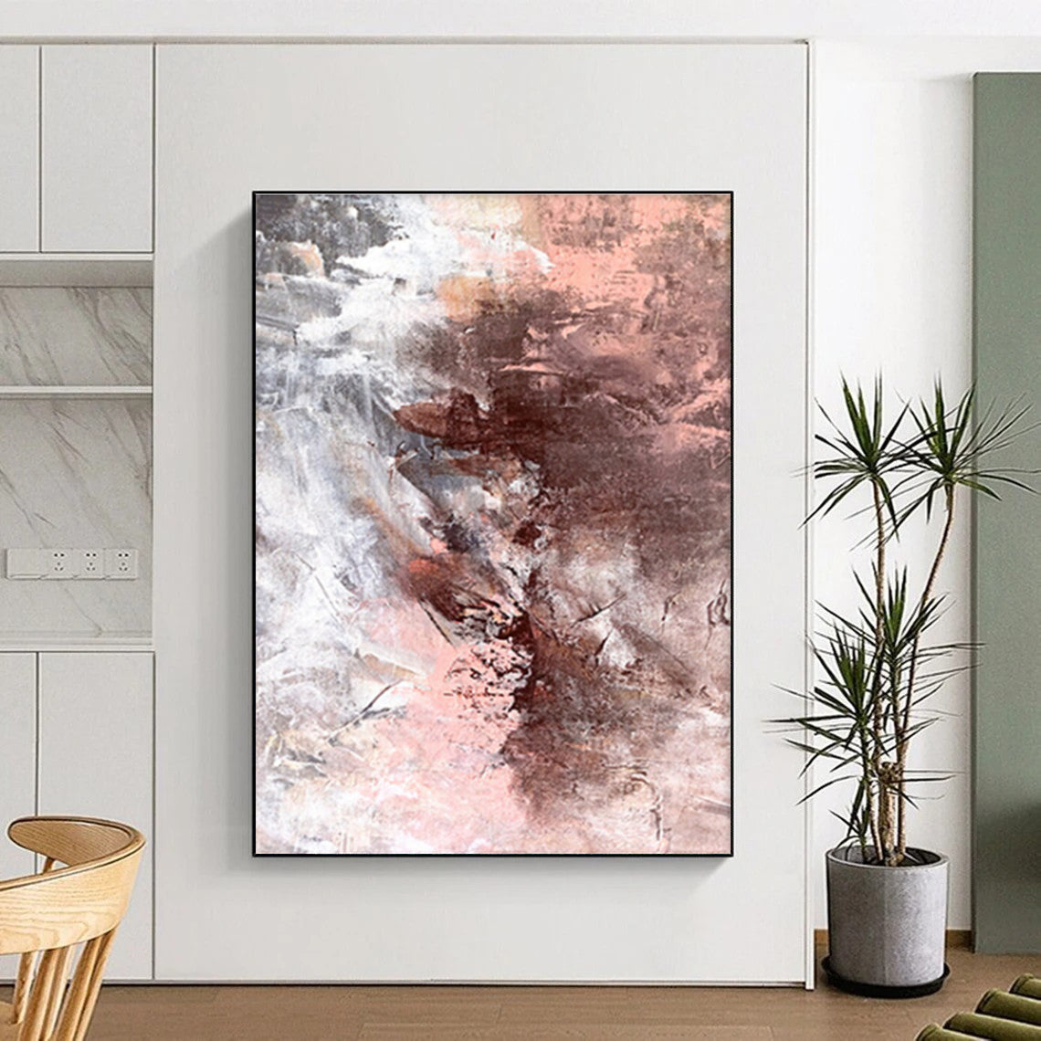 Large Size Abstract Art in Brown, Pink, and Gray, Hand Painted Modern Piece PT287