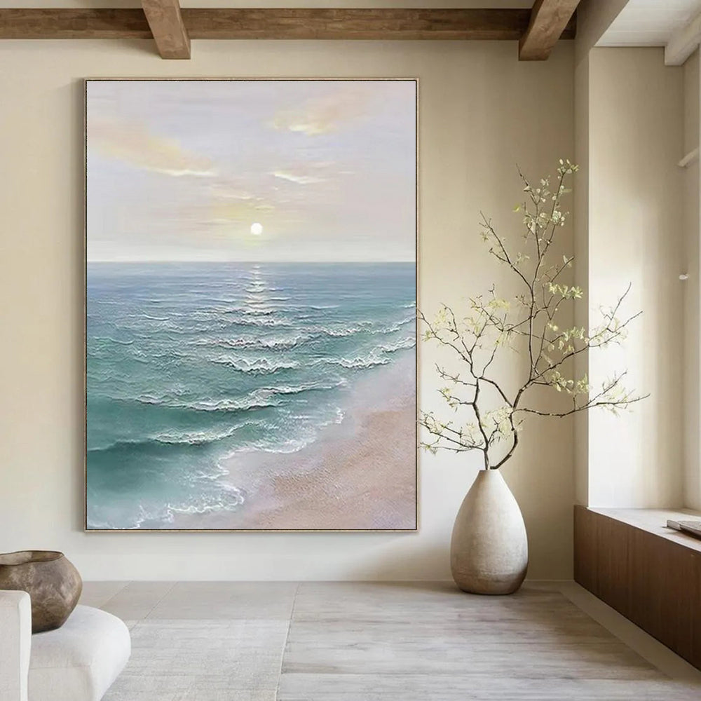 Large Contemporary Wall Art Blue, Beige, and White Coastal Sunset Abstract Painting DPS455