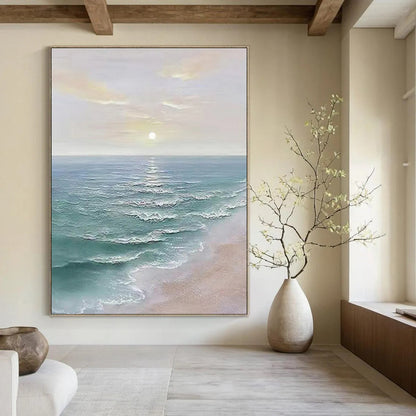 Large Contemporary Wall Art Blue, Beige, and White Coastal Sunset Abstract Painting DPS455