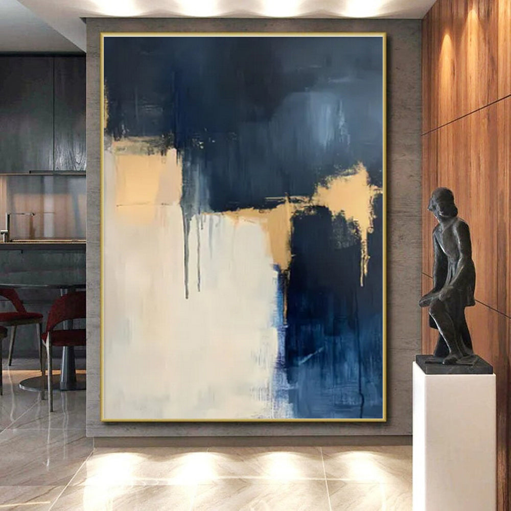 Modern Art Acrylic Navy, Beige, and Gold Textured Abstract Art PT748