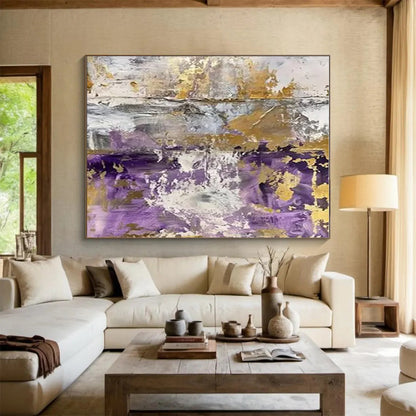 Unique Abstract Art - Purple, Gold & Gray Textured Abstract Art with Metallic Accents PT592