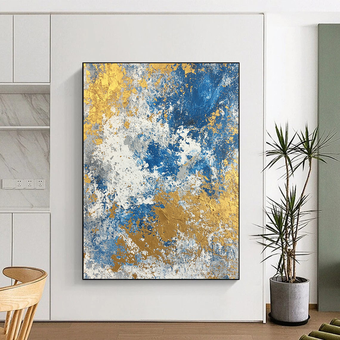 Acrylic Modern Art Paintings Blue, Gold & Gray Textured Abstract Painting On Canvas PT117