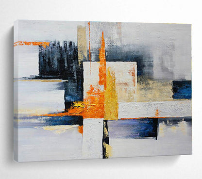 Hand Painted Art Orange, Blue, White & Yellow Geometric Abstract On Canvas HPS065