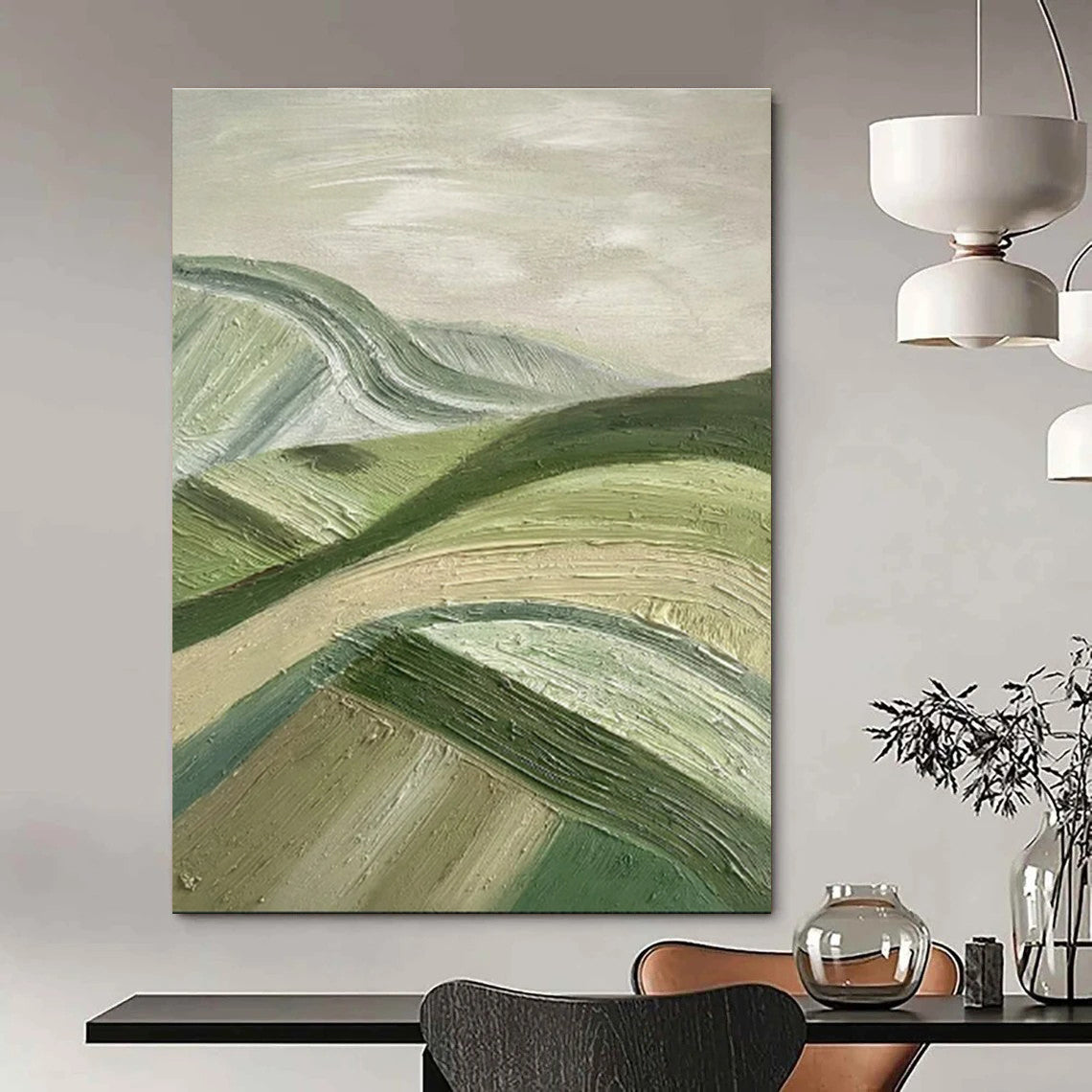 Large Size Green & Beige Abstract Rolling Hills, Large Contemporary Wall Art DPS505