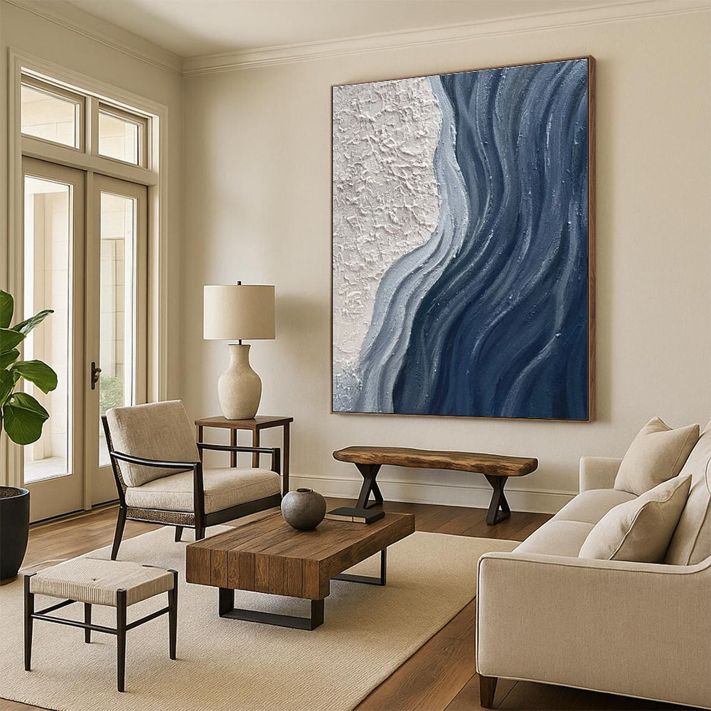 Large Size Beige Navy Textured Abstract Wave Acrylic Art PT444