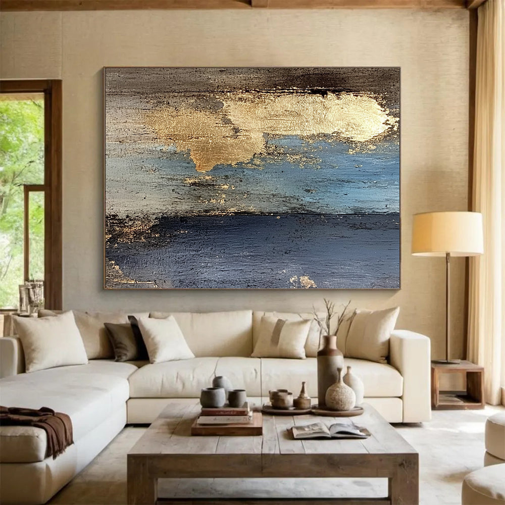 Large Abstract Art For Sale With Blue, Black, Gold Textured Accents On Canvas PT184