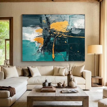 Oversized Abstract Wall Art Teal, Gold, and Black Textured Expressionist Art HPS327