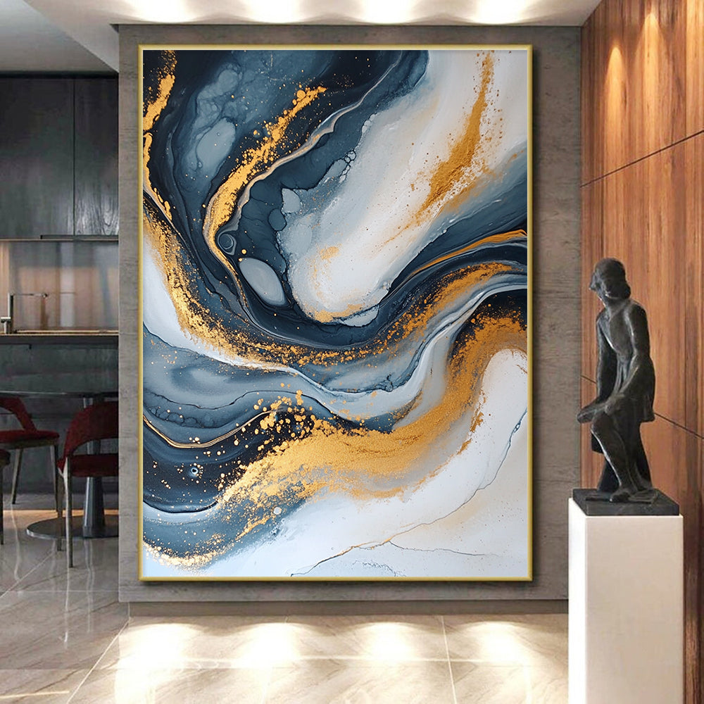 Handmade Art Blue, Gray & Gold Swirl Textured Abstract Painting On Canvas PT114