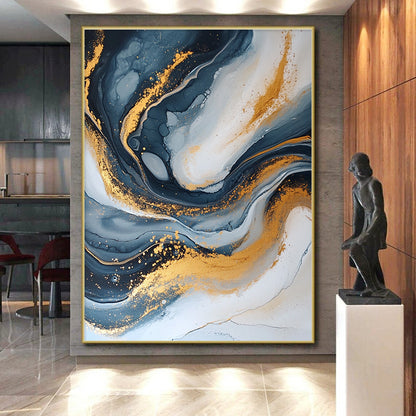 Handmade Art Blue, Gray & Gold Swirl Textured Abstract Painting On Canvas PT114
