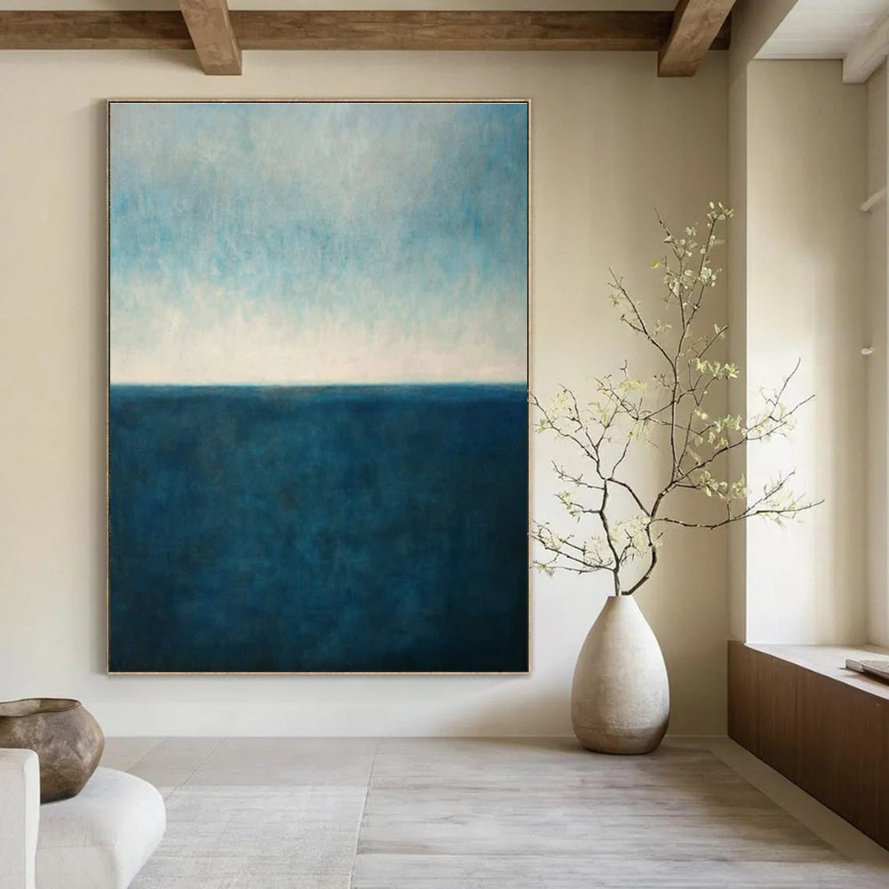 Large Size Blue & Beige Abstract Sea Horizon, Large Contemporary Wall Art DPS515