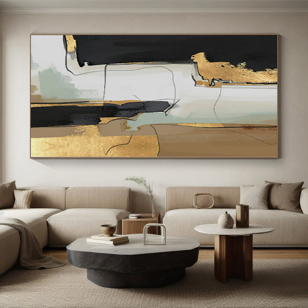 Oversized Abstract Wall Art Black, Gold & Gray Textured Abstract Painting On Canvas PT088