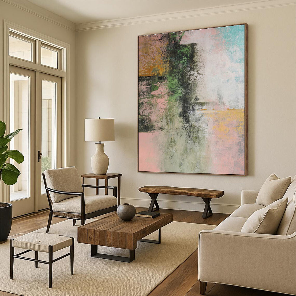 Large Painting In Living Room with Green, Pink, Teal, and Yellow Abstract Design, Handmade Art PT288