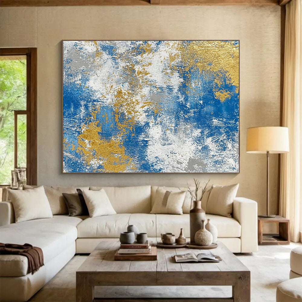Oversized Abstract Wall Art Blue, Gold & Gray Textured Abstract Painting On Canvas PT118