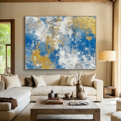 Oversized Abstract Wall Art Blue, Gold & Gray Textured Abstract Painting On Canvas PT118