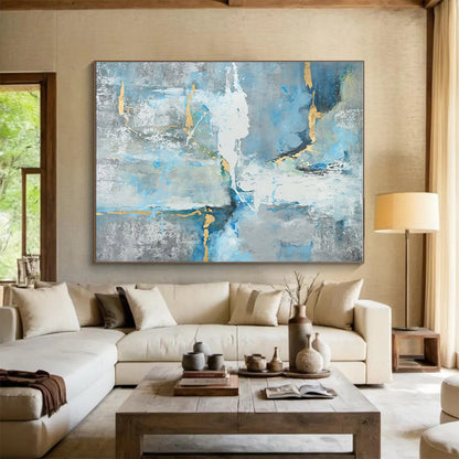 Acrylic Modern Art Paintings Blue, Gray & Gold Textured Abstract Painting On Canvas HPS132