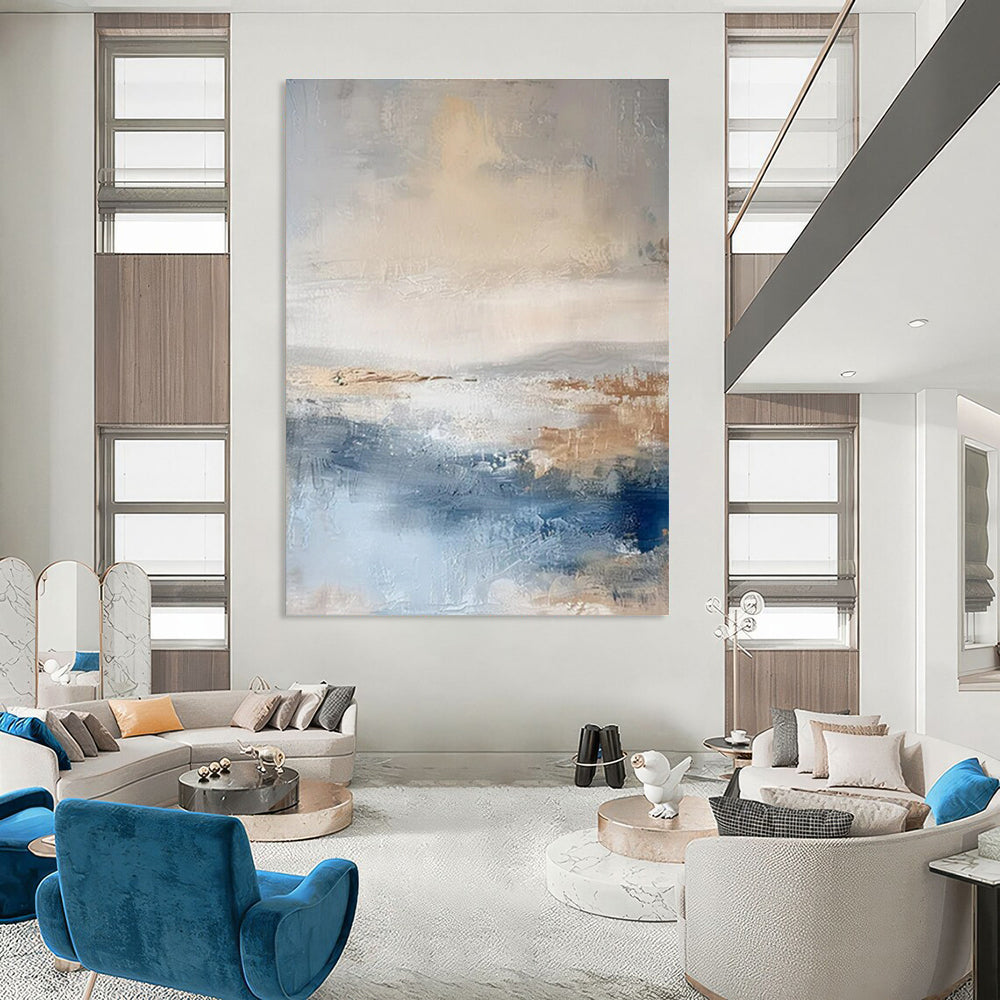 Huge Size Beige, Gray & Blue Abstract Landscape, Large Contemporary Wall Art DPS502