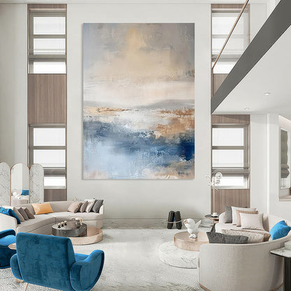 Huge Size Beige, Gray & Blue Abstract Landscape, Large Contemporary Wall Art DPS502