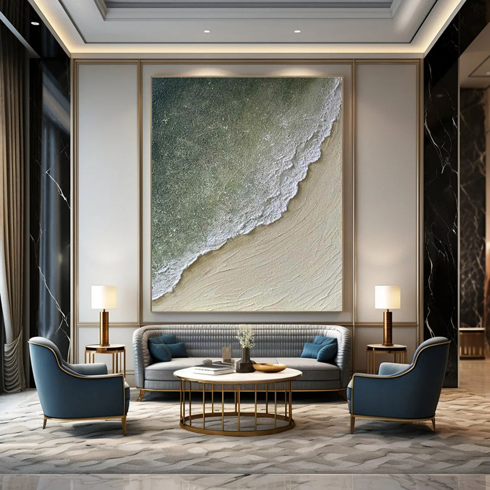 Oversized Abstract Wall Art Green, Beige, and White Textured Abstract Seaside Art DPS462