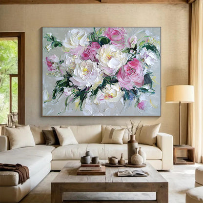 Hand-Painted Pink and White Peony Floral Textured Oil Painting HPS321