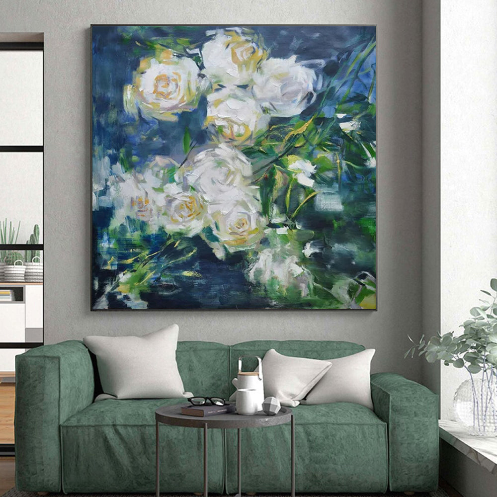 Impressionistic Floral Art - White Roses & Green Leaves Abstract Floral Painting PT608