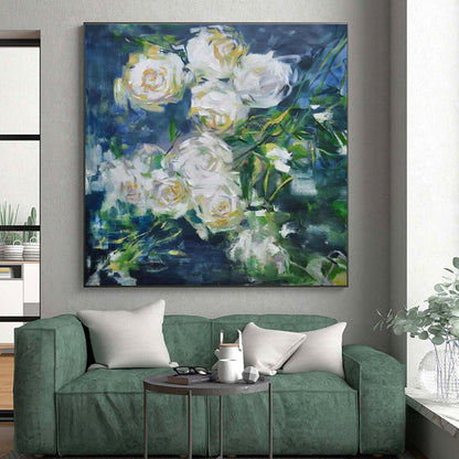 Impressionistic Floral Art - White Roses & Green Leaves Abstract Floral Painting PT608