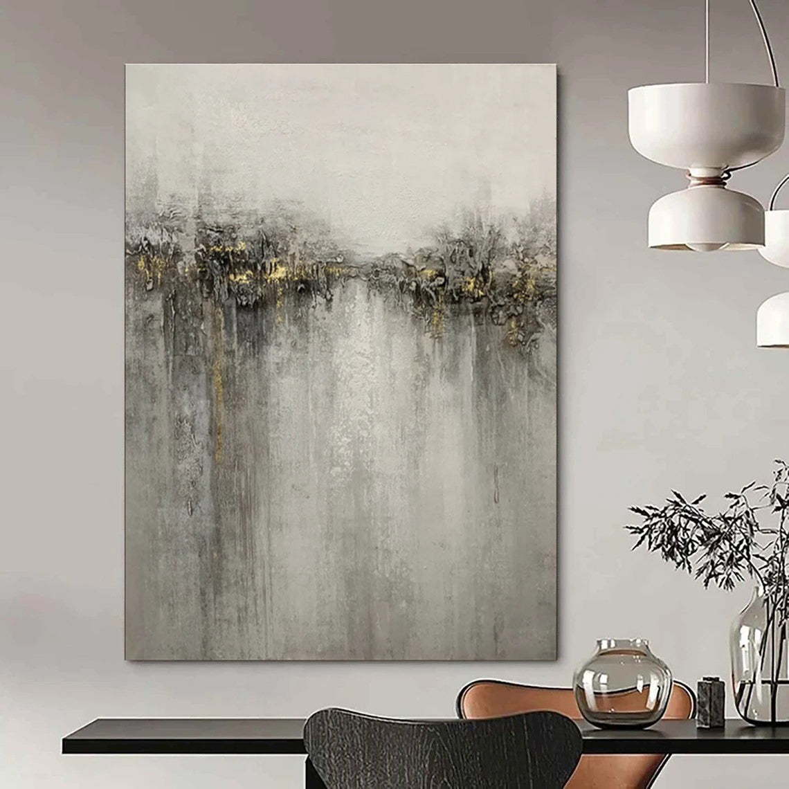 Hand-Painted Gray & Gold Abstract Textured Cityscape, Paintings For House DPS511