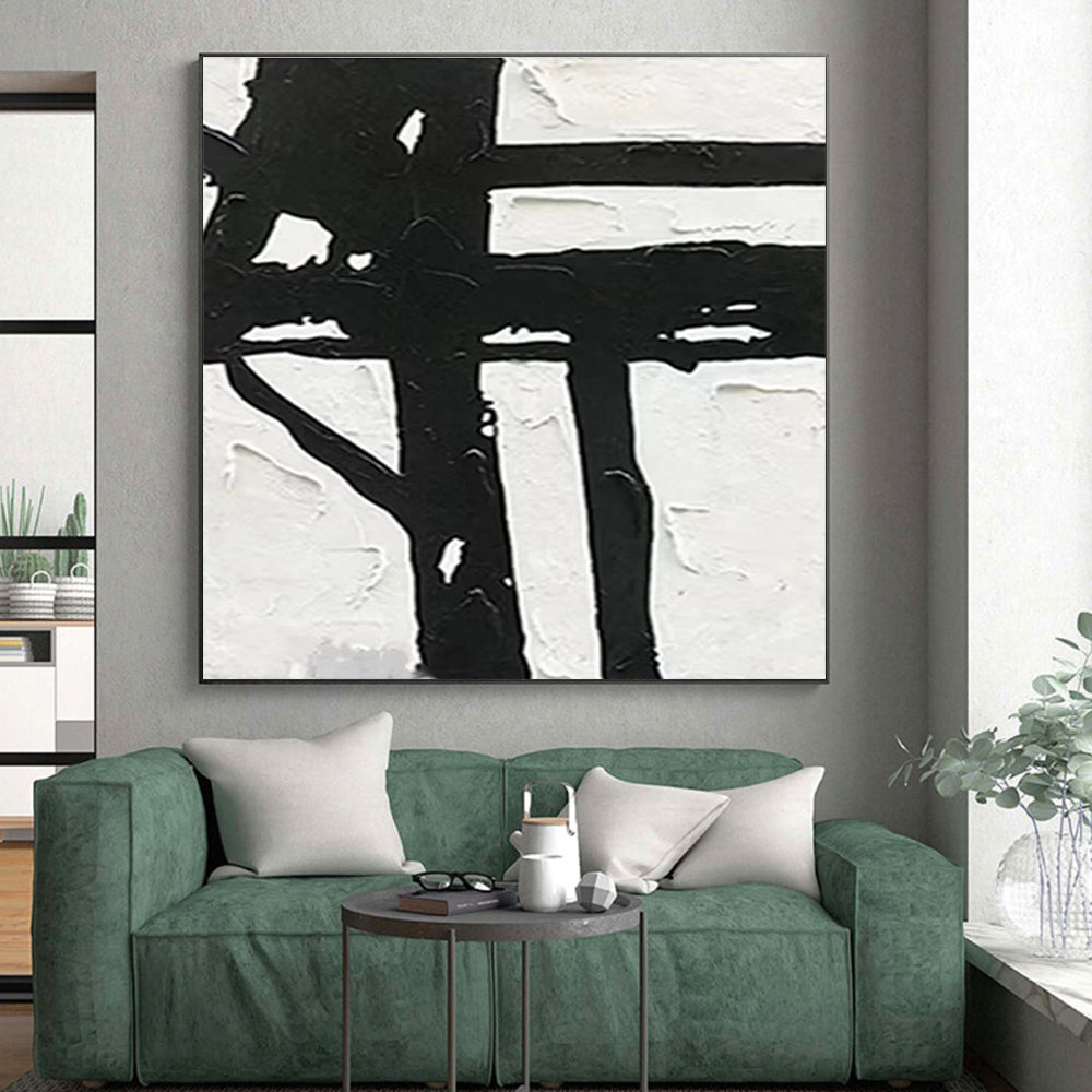 Hand-Painted Black White Textured Geometric Abstract Art PT378