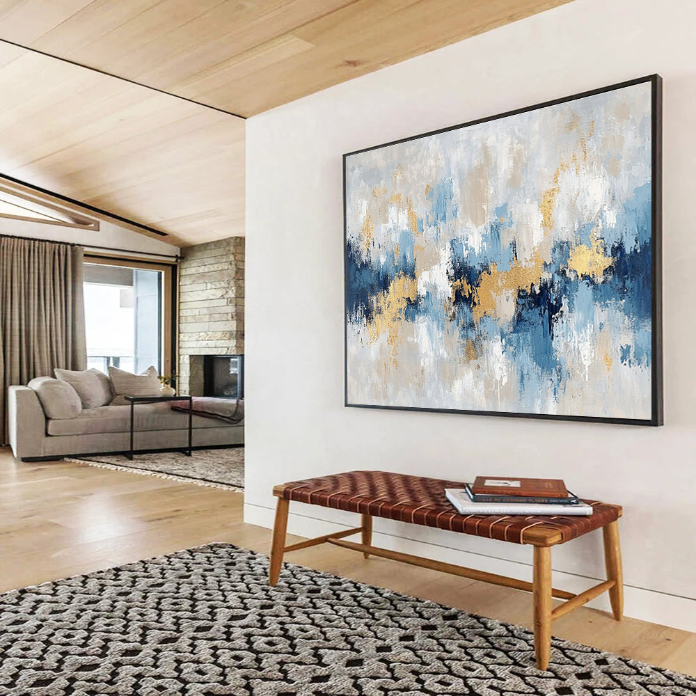 Oversized Abstract Wall Art Blue, Gray, Gold & White Textured Abstract Painting HPS263