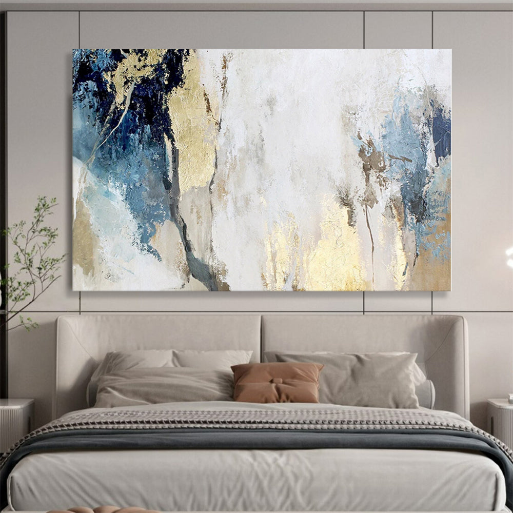 Acrylic Modern Art Paintings Blue, Gold & White Textured Abstract Painting On Canvas HPS112