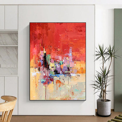 Hand-Painted Red Multicolor Textured Abstract City Art PT387